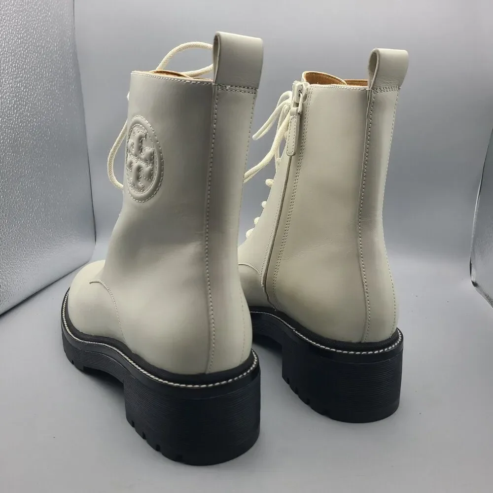 Tory Burch Boots Ivory Miller 50mm Lug Sole Bootie Lace Up Combat Size 10.5 New